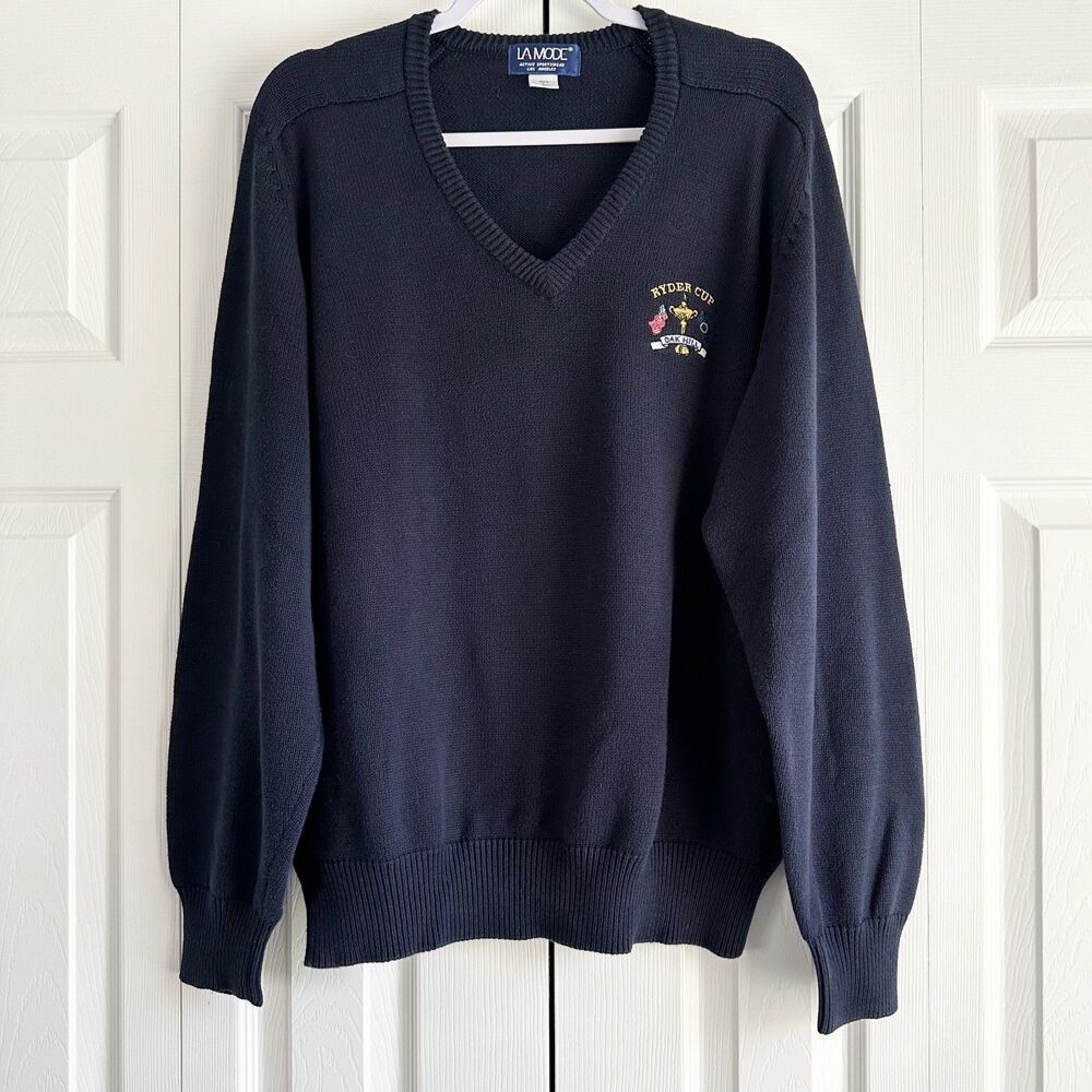 Vintage LA MODE Golf Sweater Mens L Navy Blue PGA Ryder Cup Oak Hill